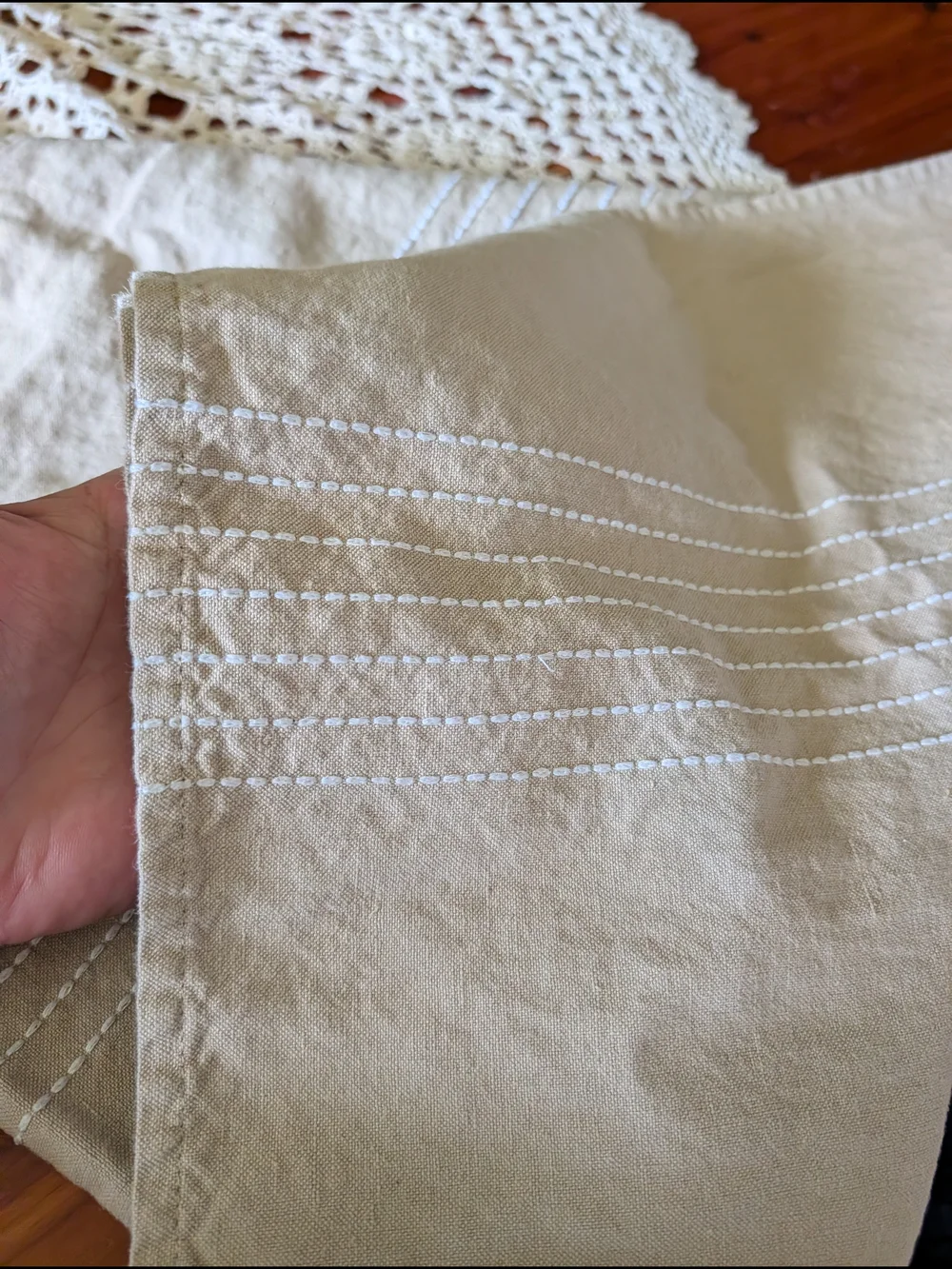 Neutral Linen Table Runner with White Pintuck Stitching
